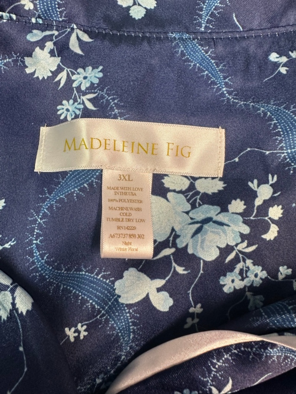 Madeleine Fig Women's Navy Floral Satin Pajama Set 3XL Plus Size Long Sleeve - Picture 8 of 10